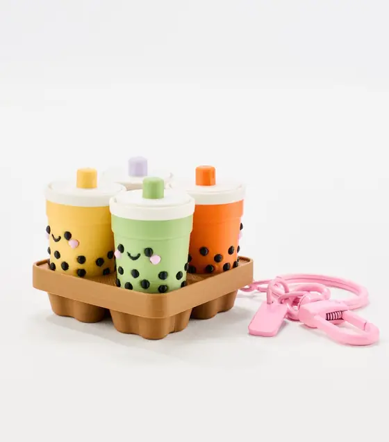 Yaya Tea boba tray fidget keychain with four mini boba cups that click in and out of their carrying tray