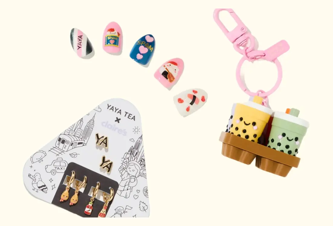 The Yaya Tea x Claire's collection lineup — foodie press-on nail set, earring card with onigiri and NYC-themed charms, and a boba tray fidget keychain